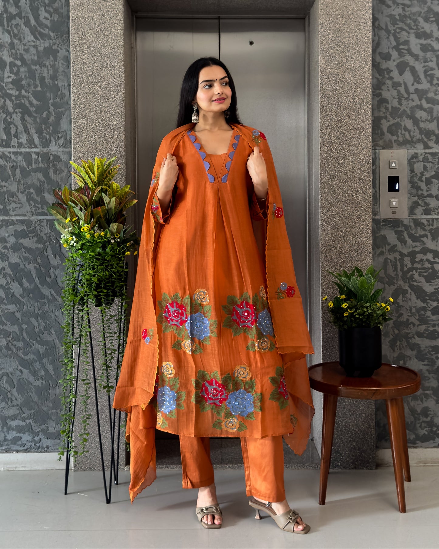 Rust A-Line Round Kurta Pant Set with Dupatta