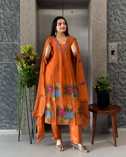 Rust A-Line Round Kurta Pant Set with Dupatta