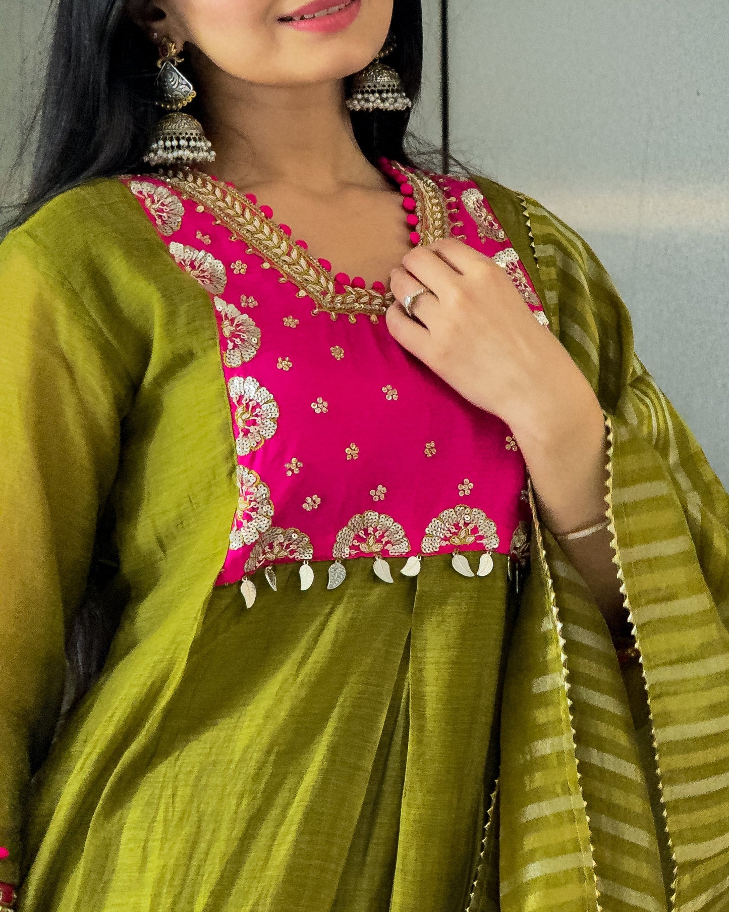 Mehndi A-Line Kurta Pant Set With Dupatta