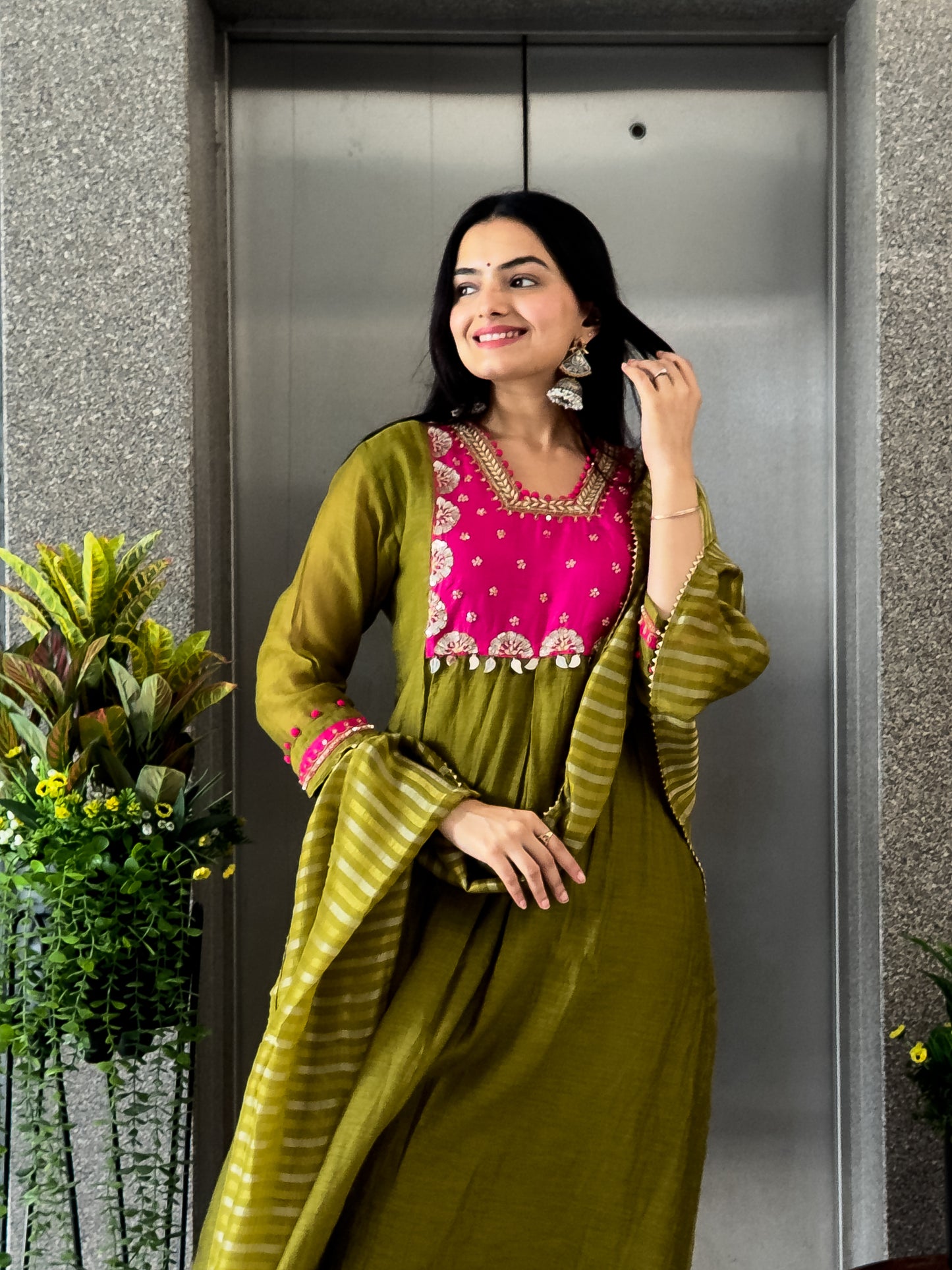 Mehndi A-Line Kurta Pant Set With Dupatta