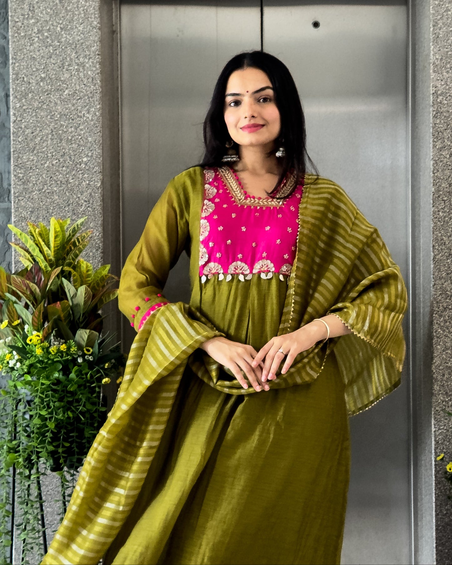 Mehndi A-Line Kurta Pant Set With Dupatta