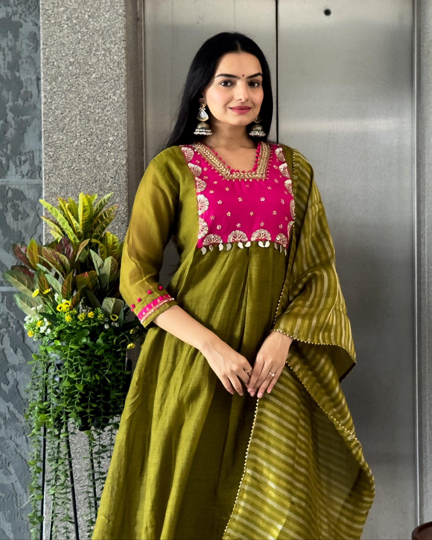 Mehndi A-Line Kurta Pant Set With Dupatta
