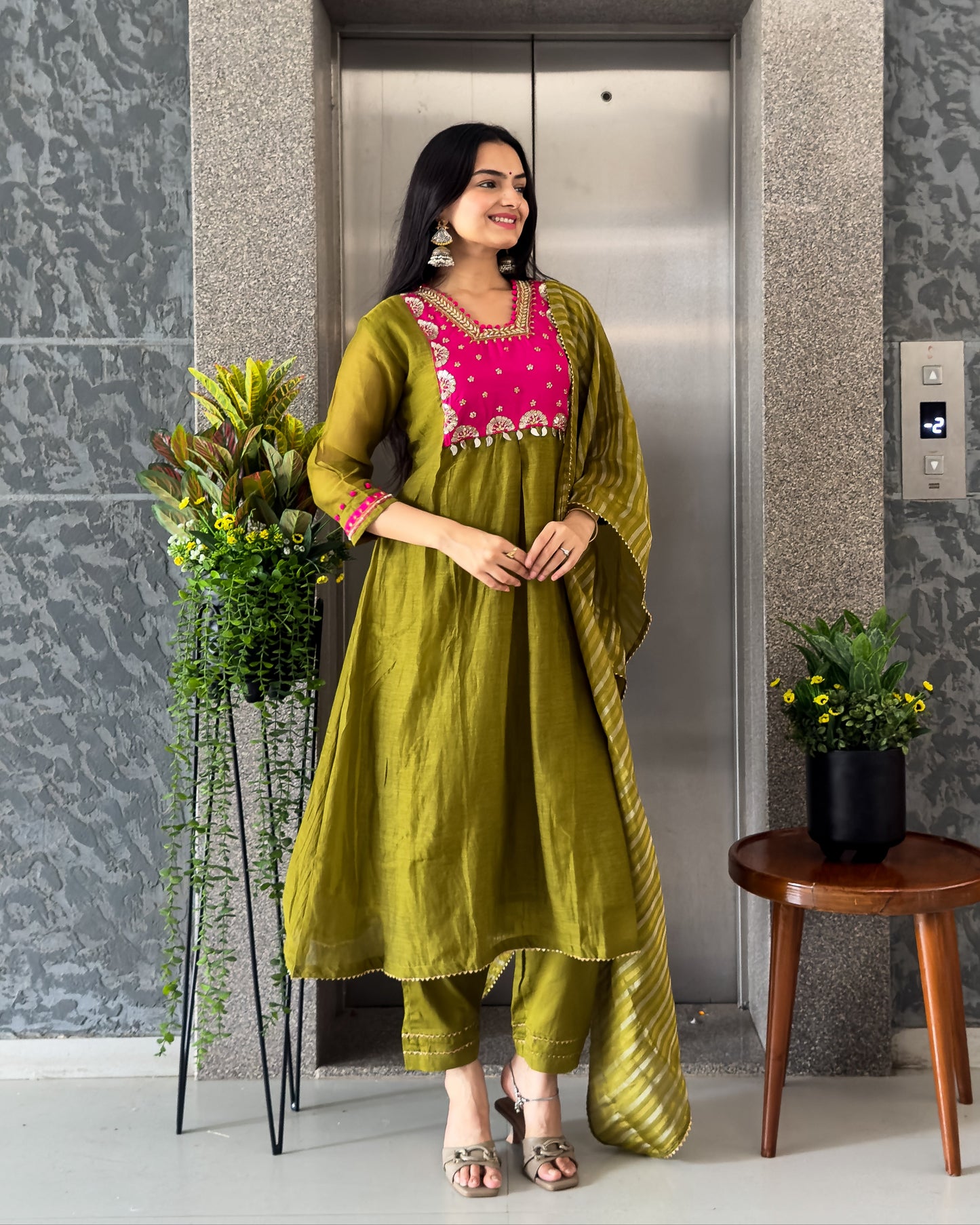 Mehndi A-Line Kurta Pant Set With Dupatta