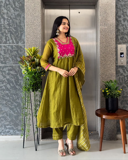 Mehndi A-Line Kurta Pant Set With Dupatta