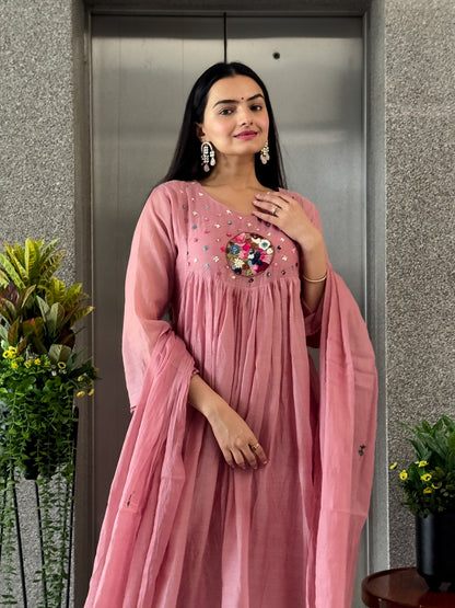 Pink Round Kurta Pant Set with Dupatta