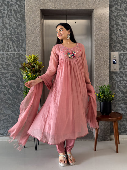 Pink Round Kurta Pant Set with Dupatta