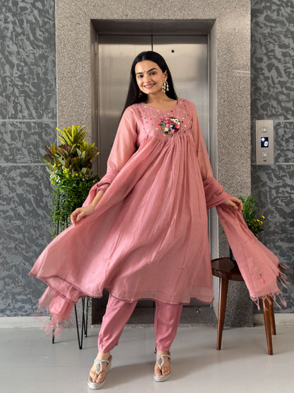 Pink Round Kurta Pant Set with Dupatta