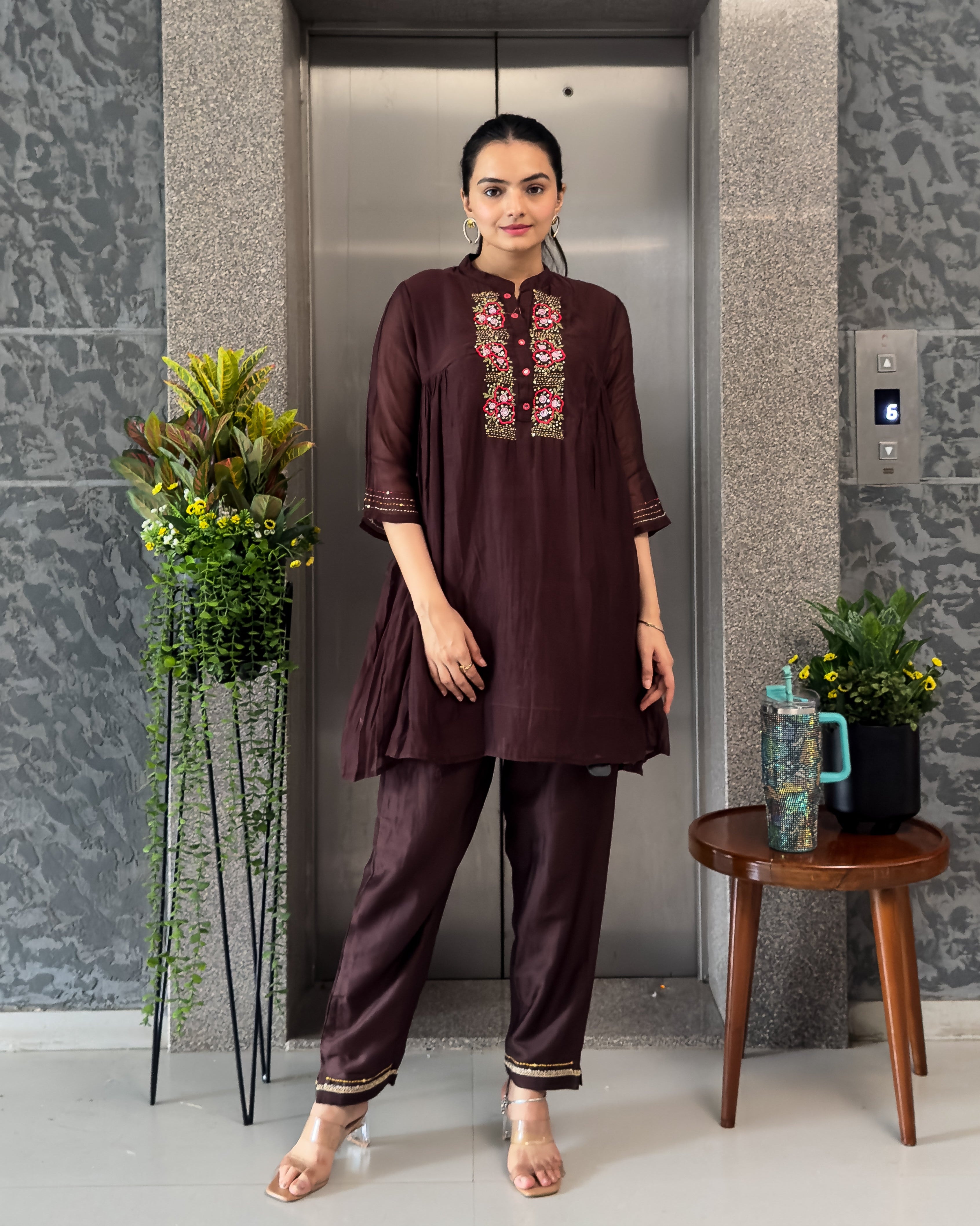 Coffee & Teal Blue Mal Chanderi Co ord Set Women