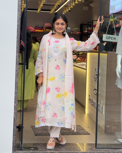 Off-White Printed A-line Round Kurta Pant Set with Dupatta