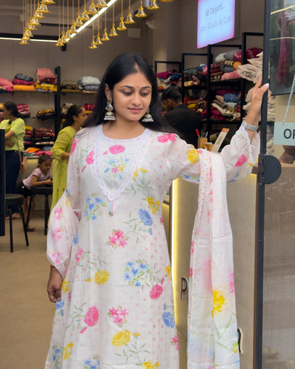 Off-White Printed A-line Round Kurta Pant Set with Dupatta