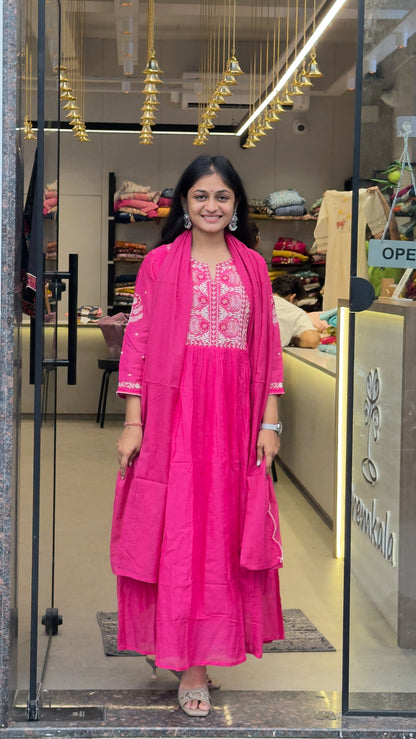 Mal Chanderi A-Line Round Kurta Pant Set With Dupatta