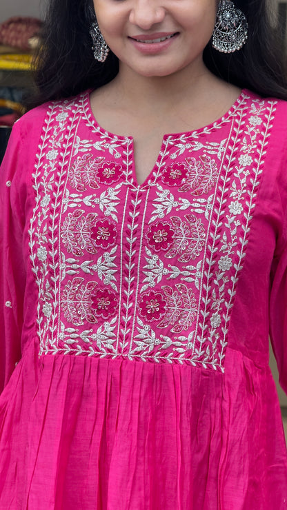 Mal Chanderi A-Line Round Kurta Pant Set With Dupatta
