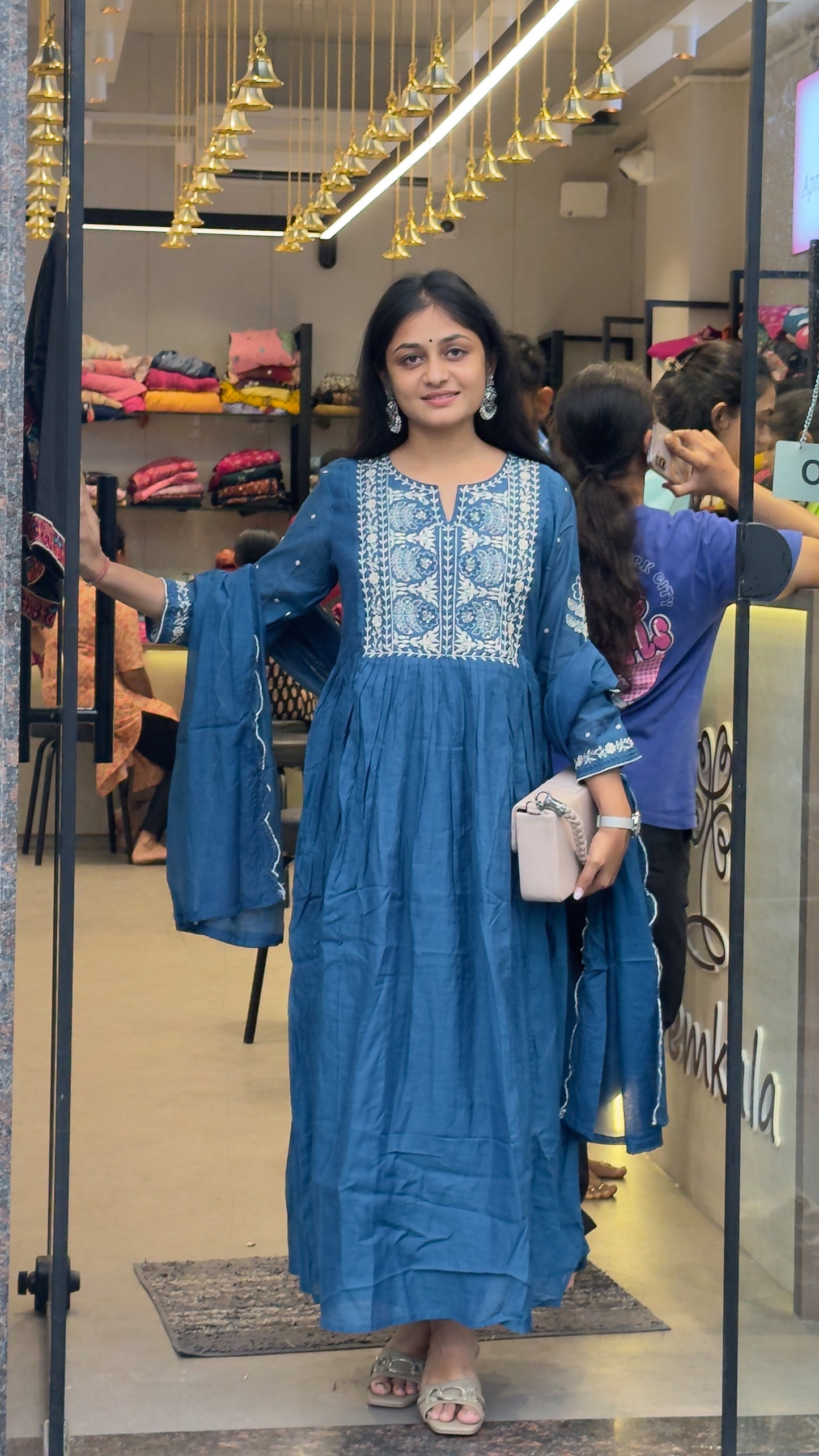 Mal Chanderi A-Line Round Kurta Pant Set With Dupatta