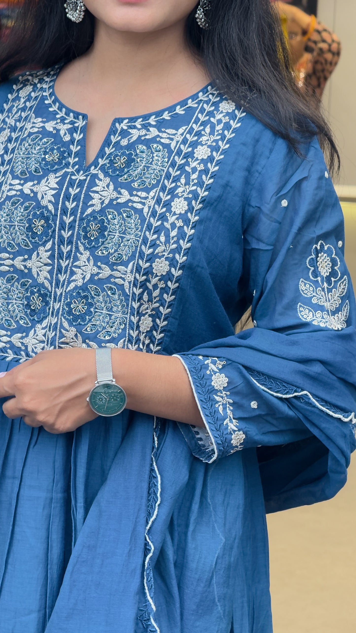 Mal Chanderi A-Line Round Kurta Pant Set With Dupatta