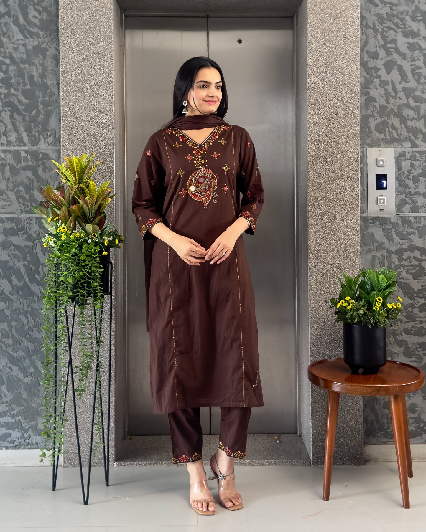 Coffee Straight Kurta Pant Set with Dupatta