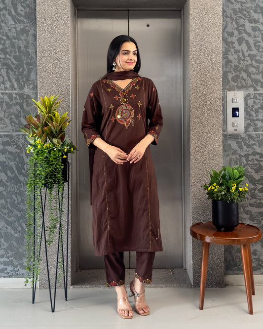 Coffee Straight Kurta Pant Set with Dupatta