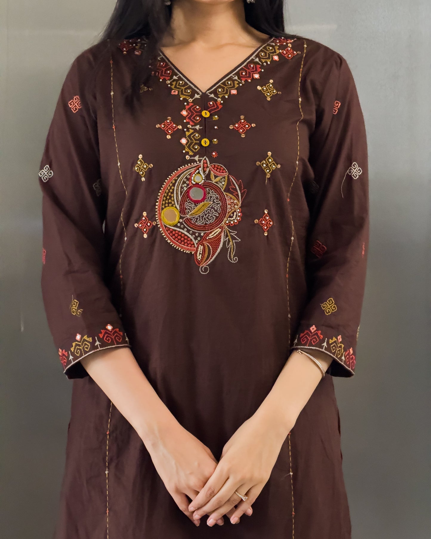 Coffee Straight Kurta Pant Set with Dupatta