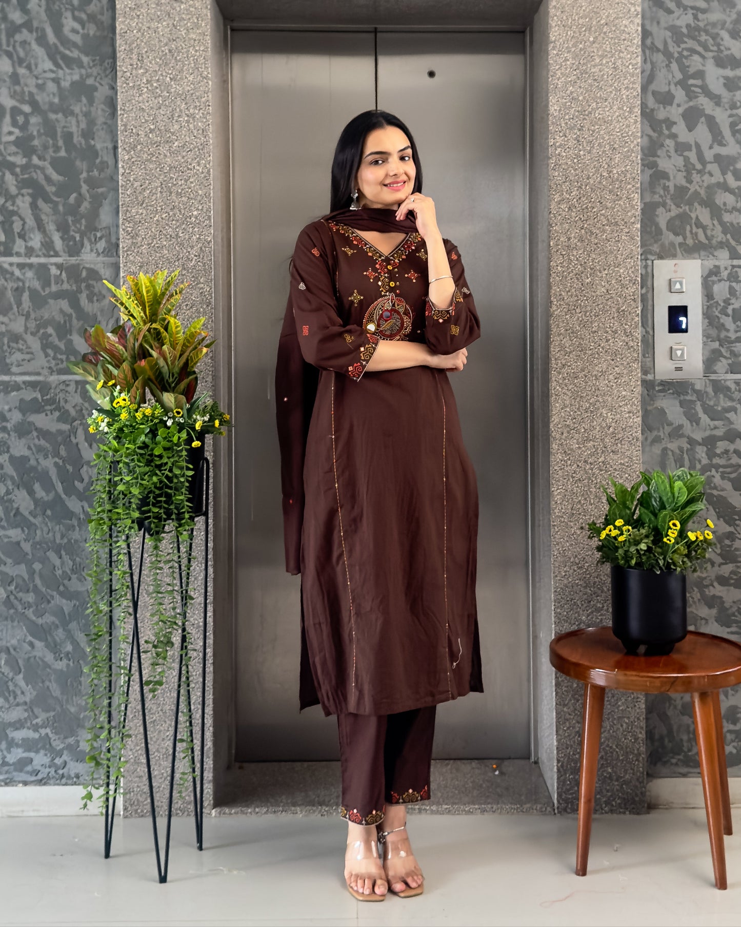 Coffee Straight Kurta Pant Set with Dupatta
