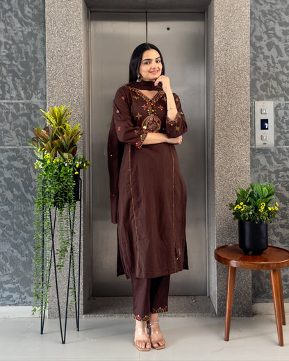 Coffee Straight Kurta Pant Set with Dupatta
