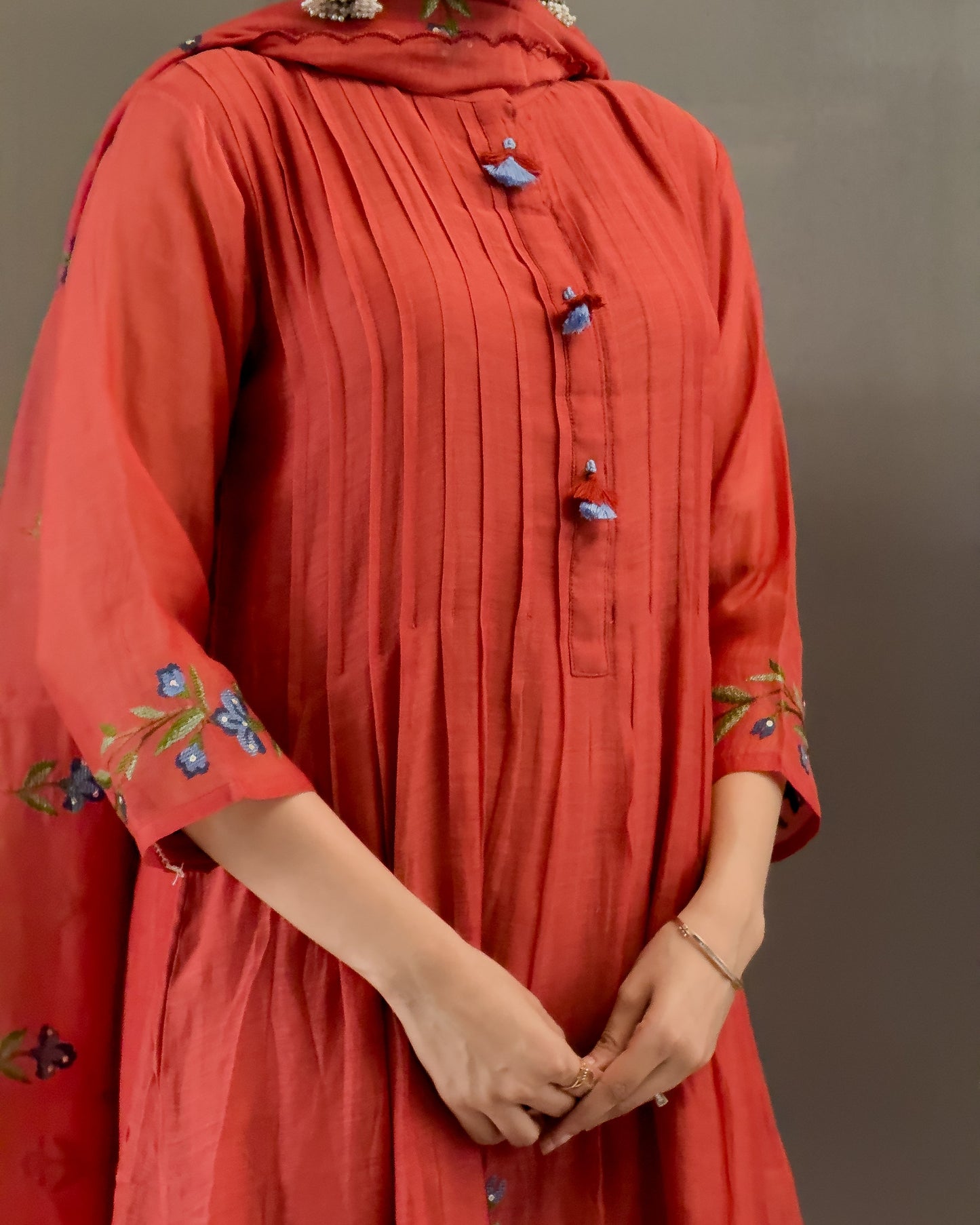 Rust A-Line Kurta Pant Set with Dupatta