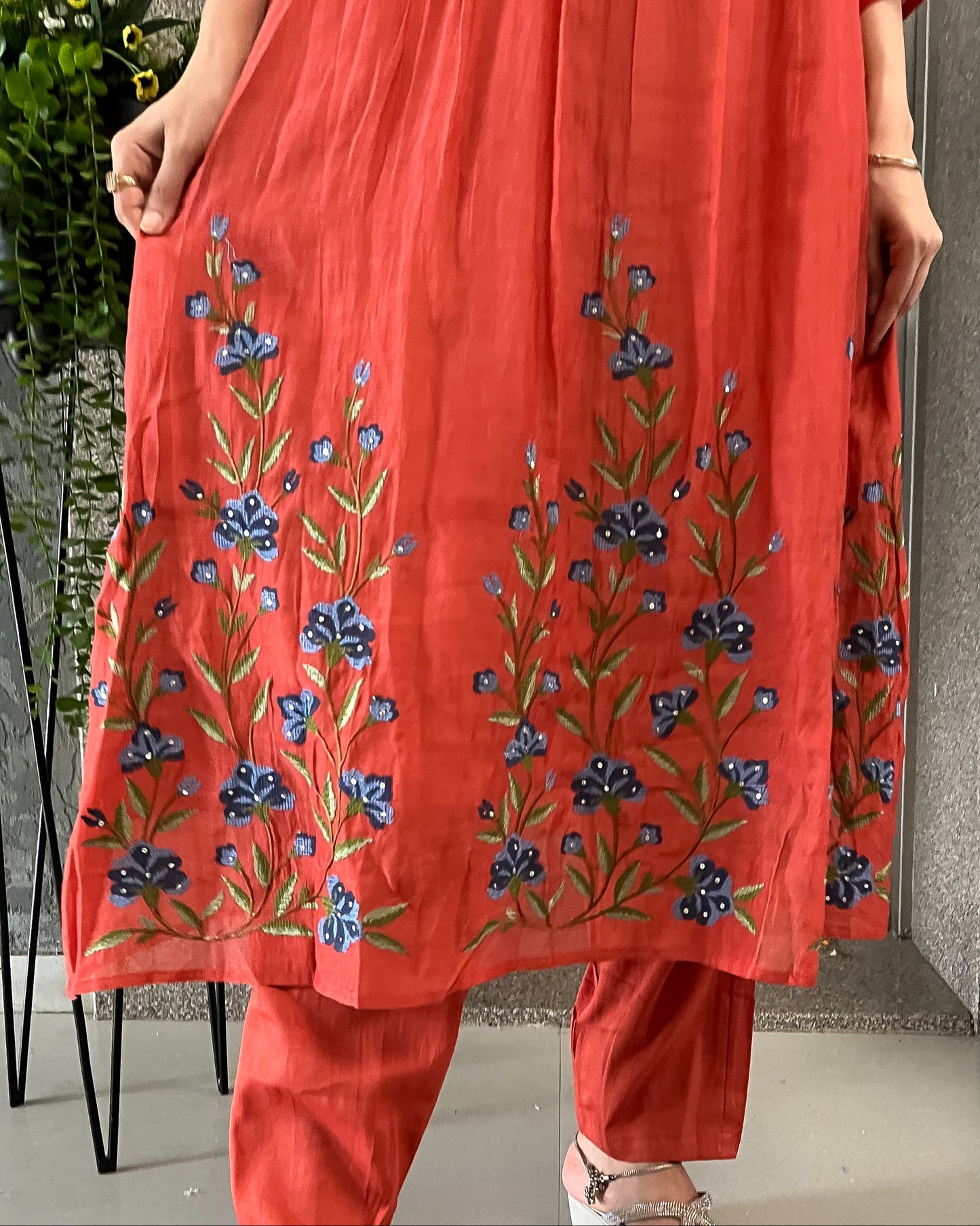 Rust A-Line Kurta Pant Set with Dupatta