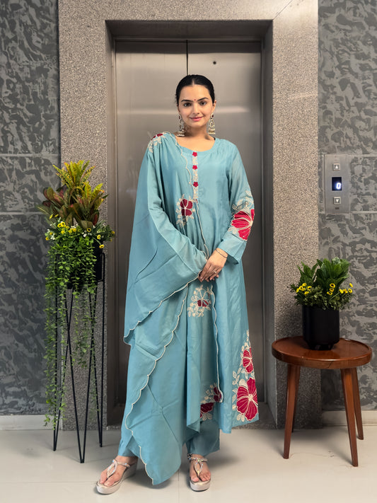 Sky A-Line Kurta Pant Set with Dupatta