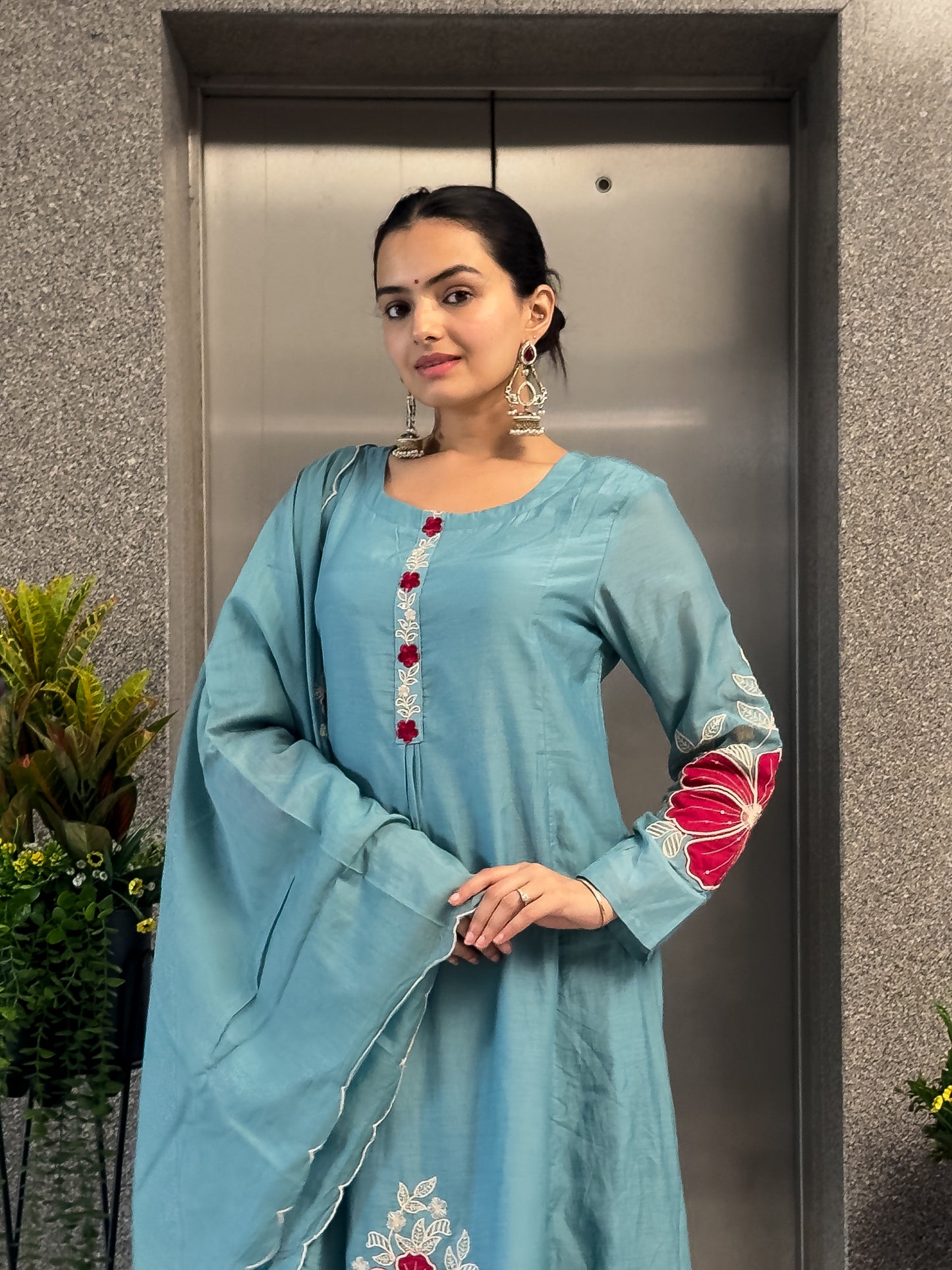 Sky A-Line Kurta Pant Set with Dupatta