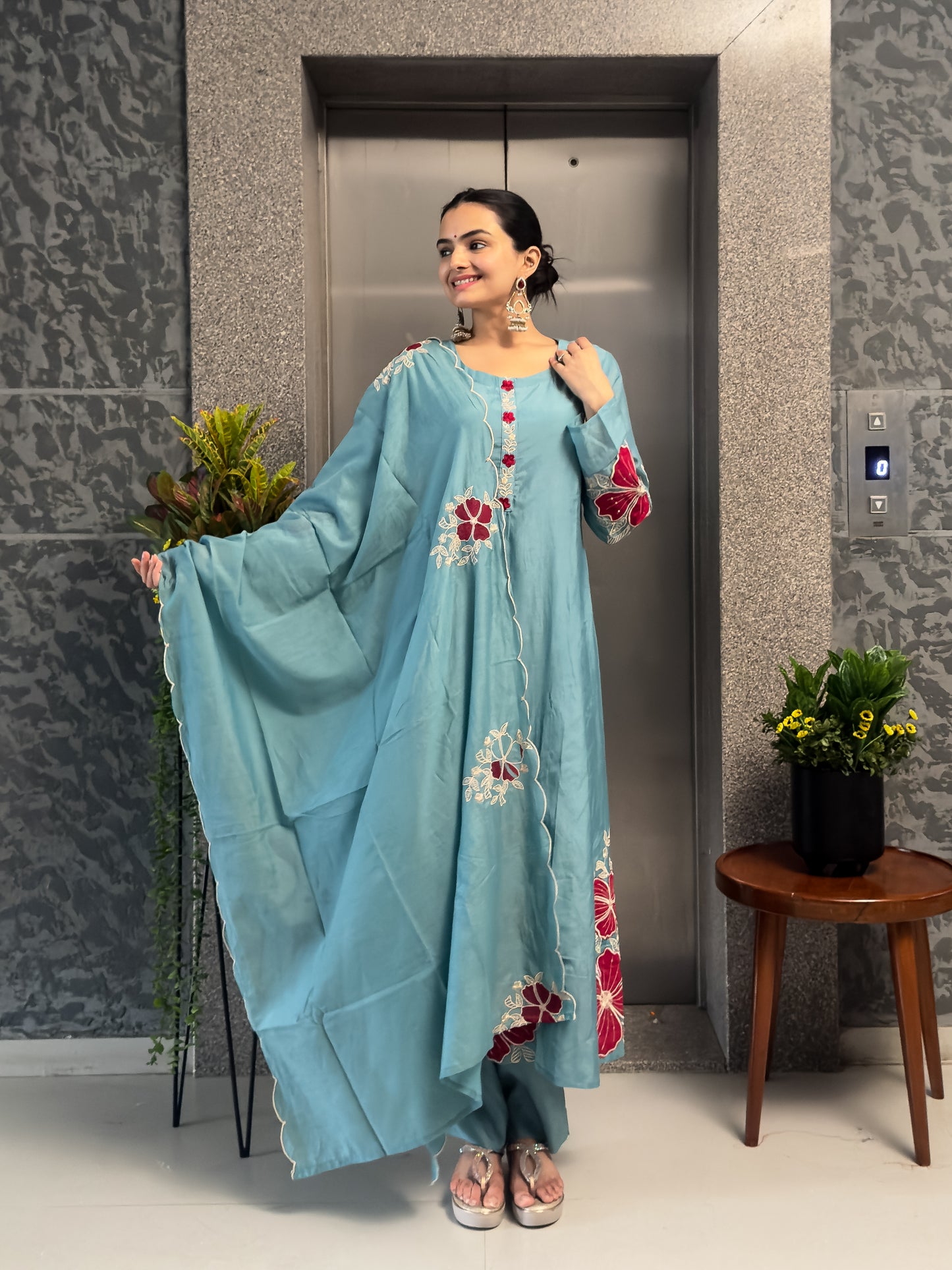 Sky A-Line Kurta Pant Set with Dupatta