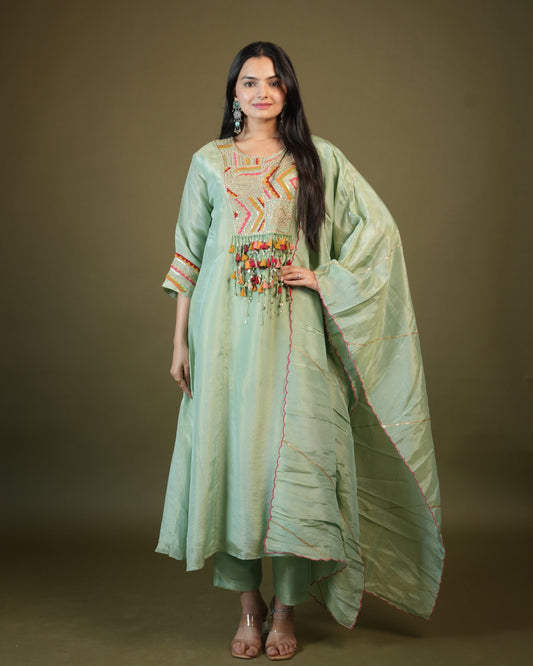 Pista A-Line Round Kurta Pant Set With Dupatta