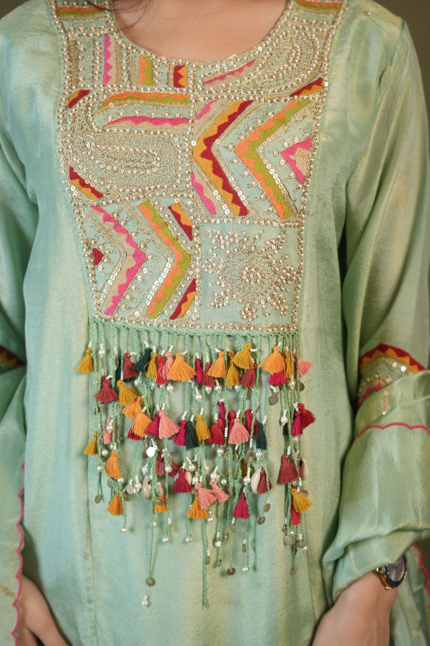 Pista A-Line Round Kurta Pant Set With Dupatta