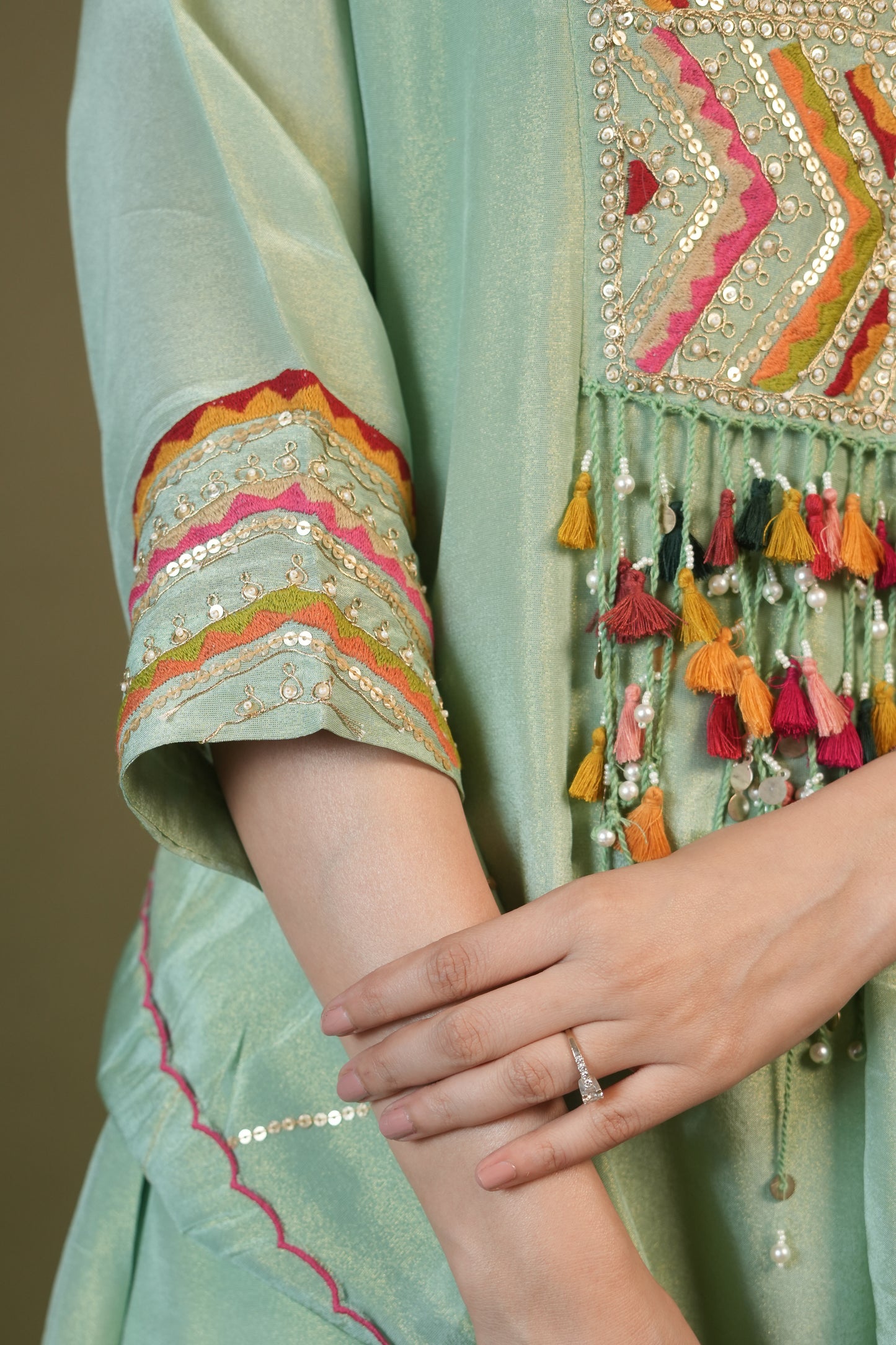 Pista A-Line Round Kurta Pant Set With Dupatta