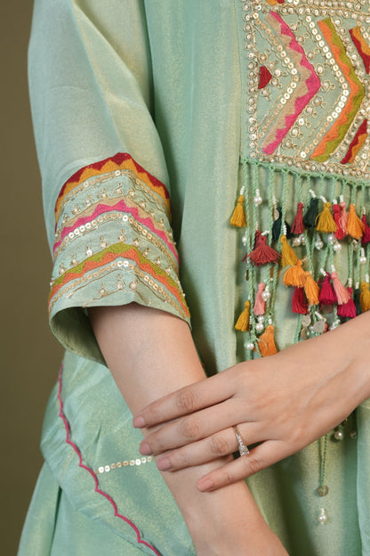 Pista A-Line Round Kurta Pant Set With Dupatta