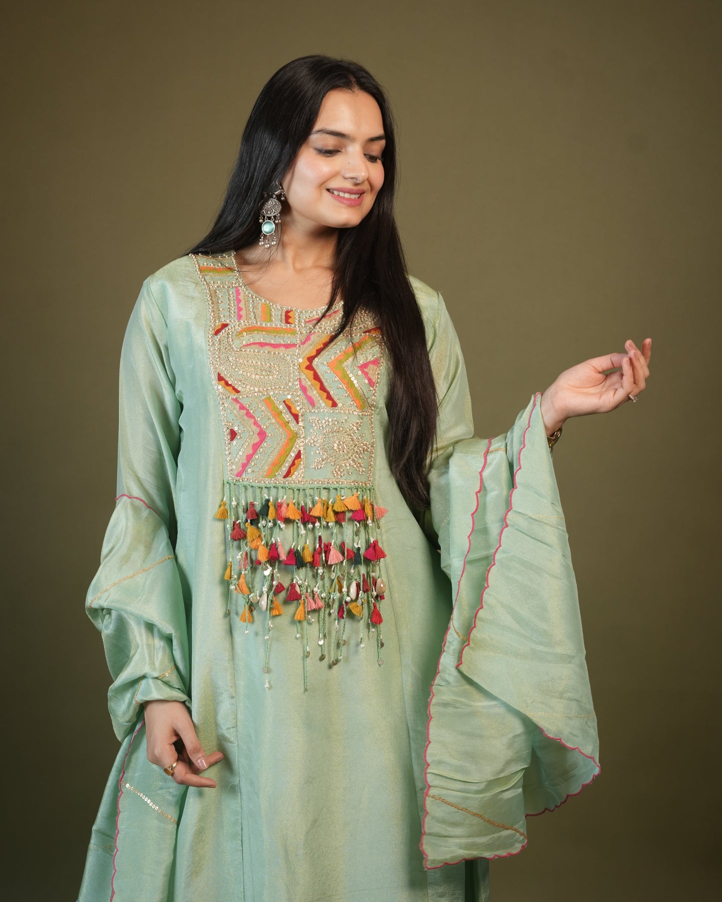 Pista A-Line Round Kurta Pant Set With Dupatta