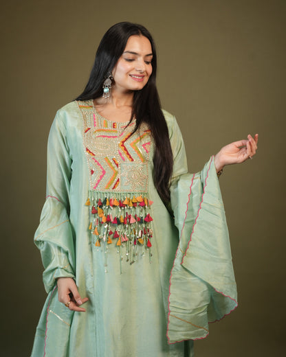 Pista A-Line Round Kurta Pant Set With Dupatta