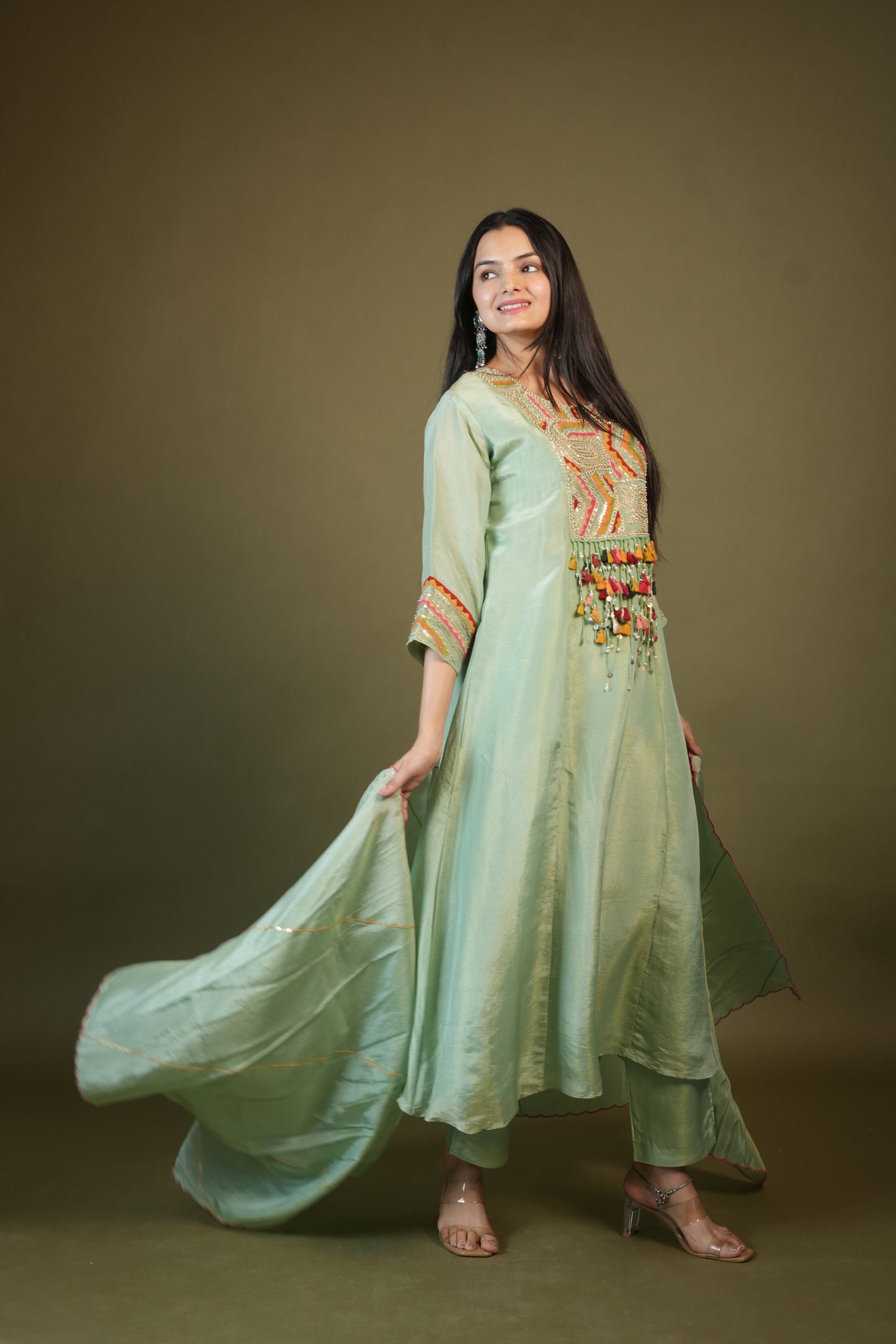 Pista A-Line Round Kurta Pant Set With Dupatta