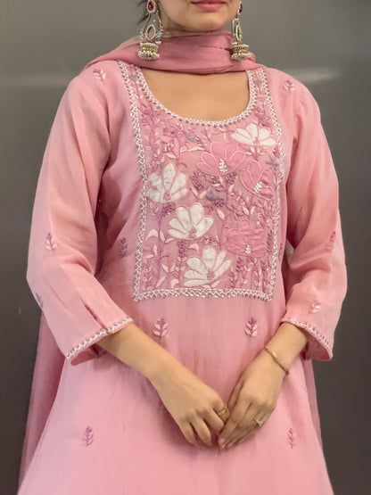 Pink A-Line Round Kurta Pant Set With Dupatta