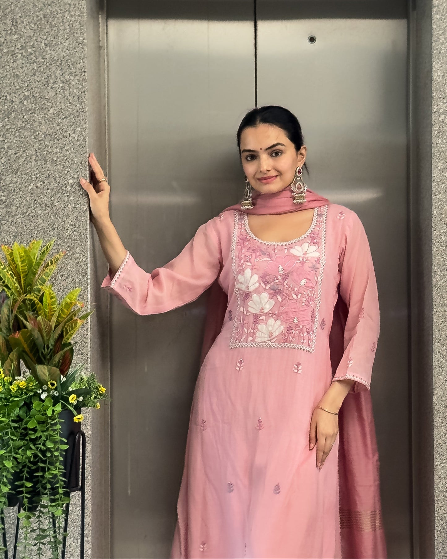 Pink A-Line Round Kurta Pant Set With Dupatta