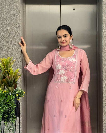 Pink A-Line Round Kurta Pant Set With Dupatta