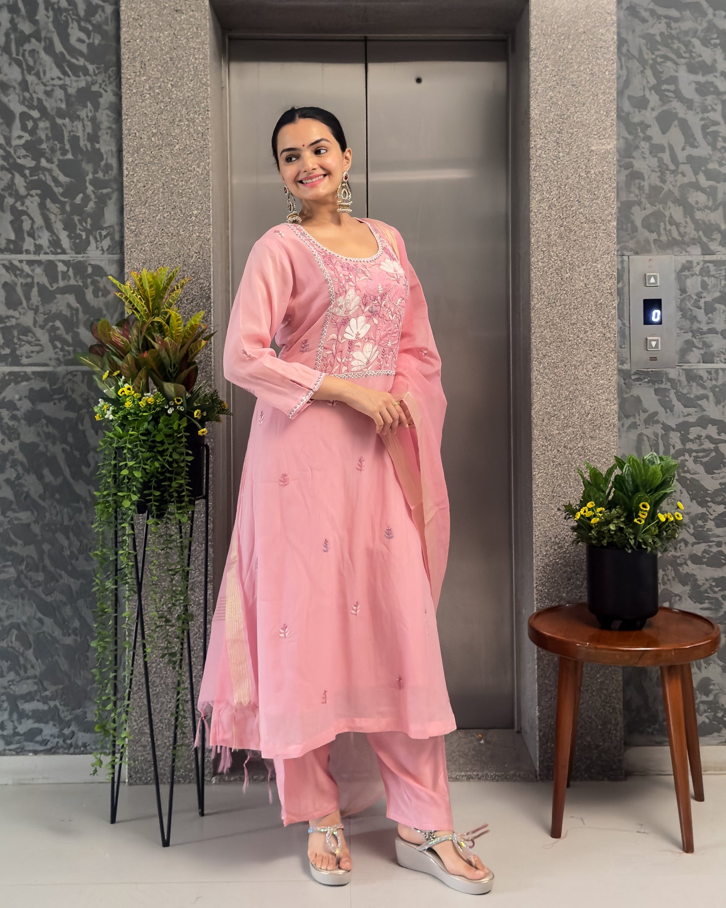 Pink A-Line Round Kurta Pant Set With Dupatta