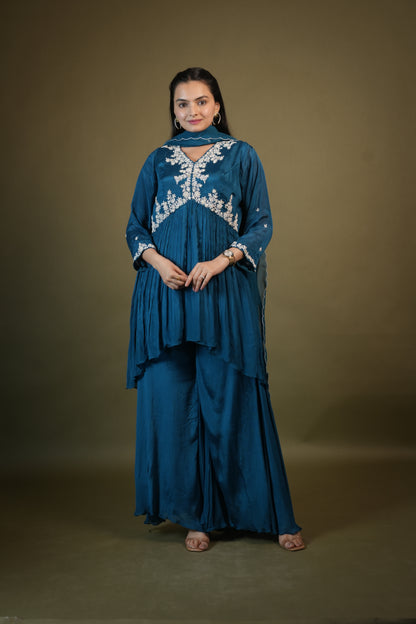 Teal Blue Aliya Cut Kurta Palazzo Set with Dupatta