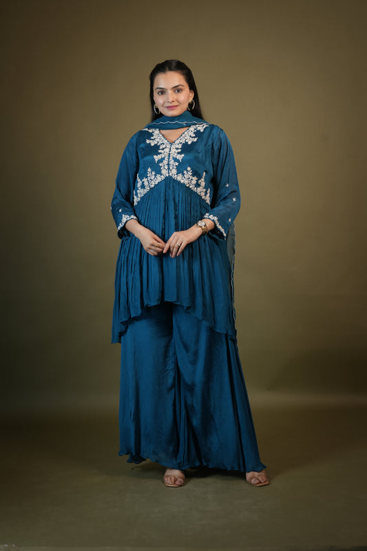Teal Blue Aliya Cut Kurta Palazzo Set with Dupatta