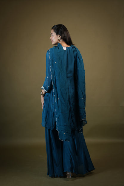 Teal Blue Aliya Cut Kurta Palazzo Set with Dupatta