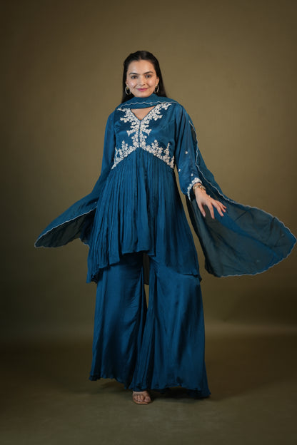 Teal Blue Aliya Cut Kurta Palazzo Set with Dupatta