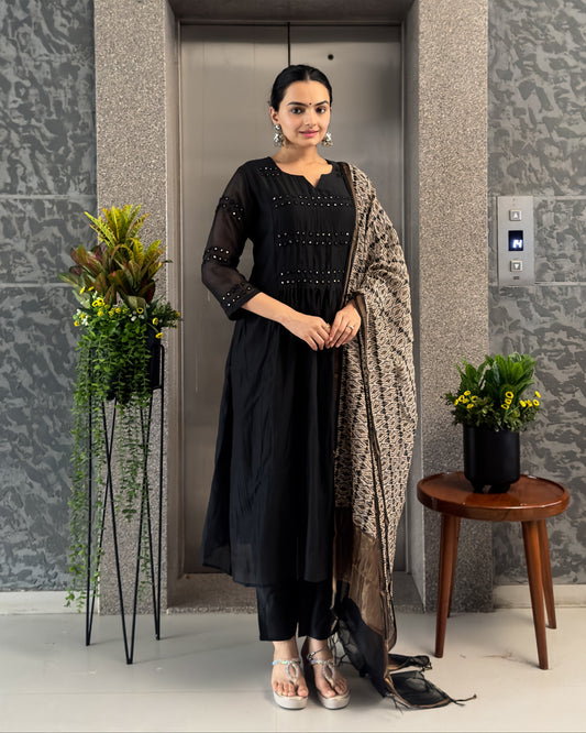 Black A-Line Round Kurta Pant Set with Dupatta