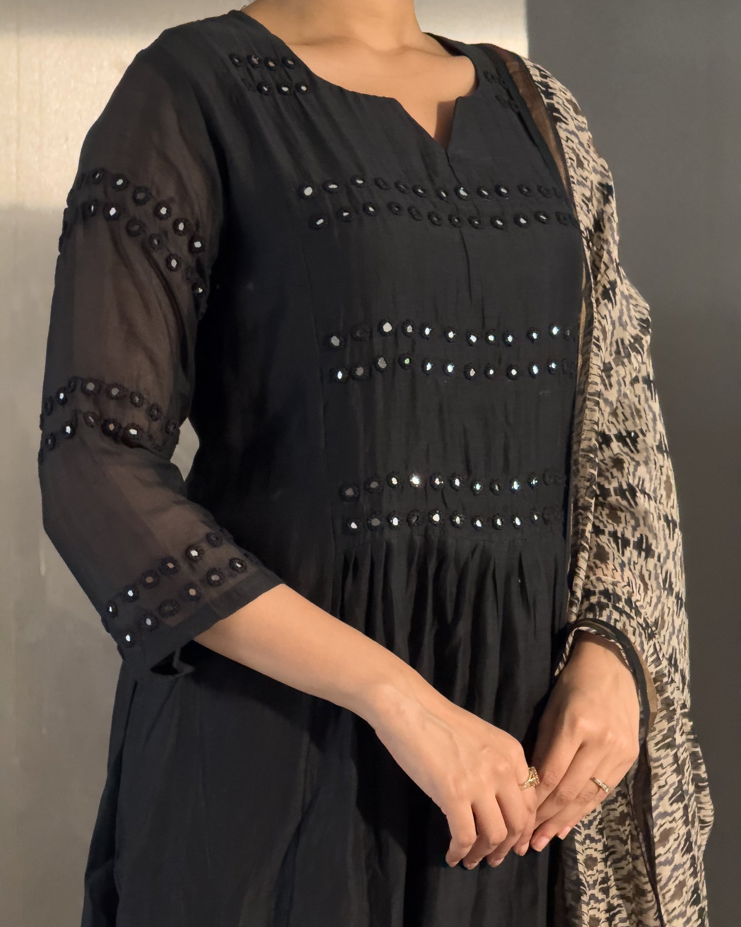 Black A-Line Round Kurta Pant Set with Dupatta