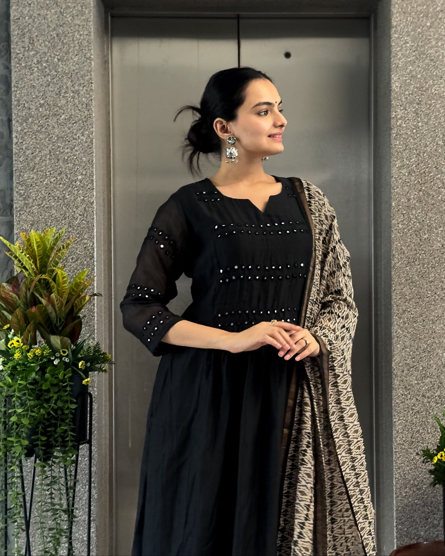 Black A-Line Round Kurta Pant Set with Dupatta