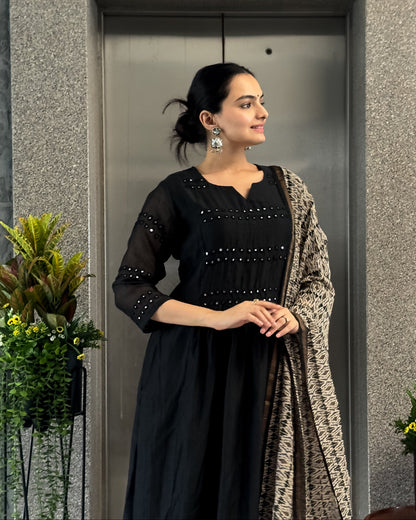 Black A-Line Round Kurta Pant Set with Dupatta