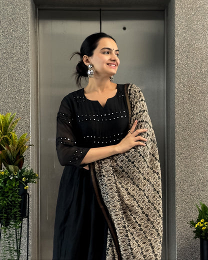 Black A-Line Round Kurta Pant Set with Dupatta