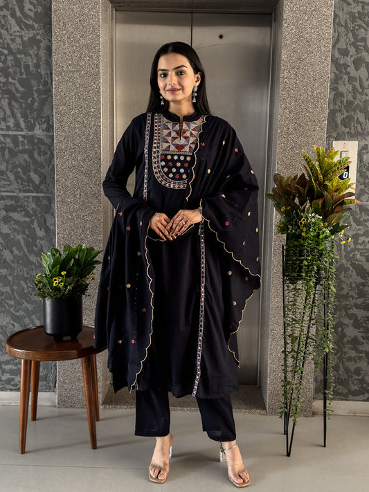 Black A-line Kurta Pant Set with Dupatta