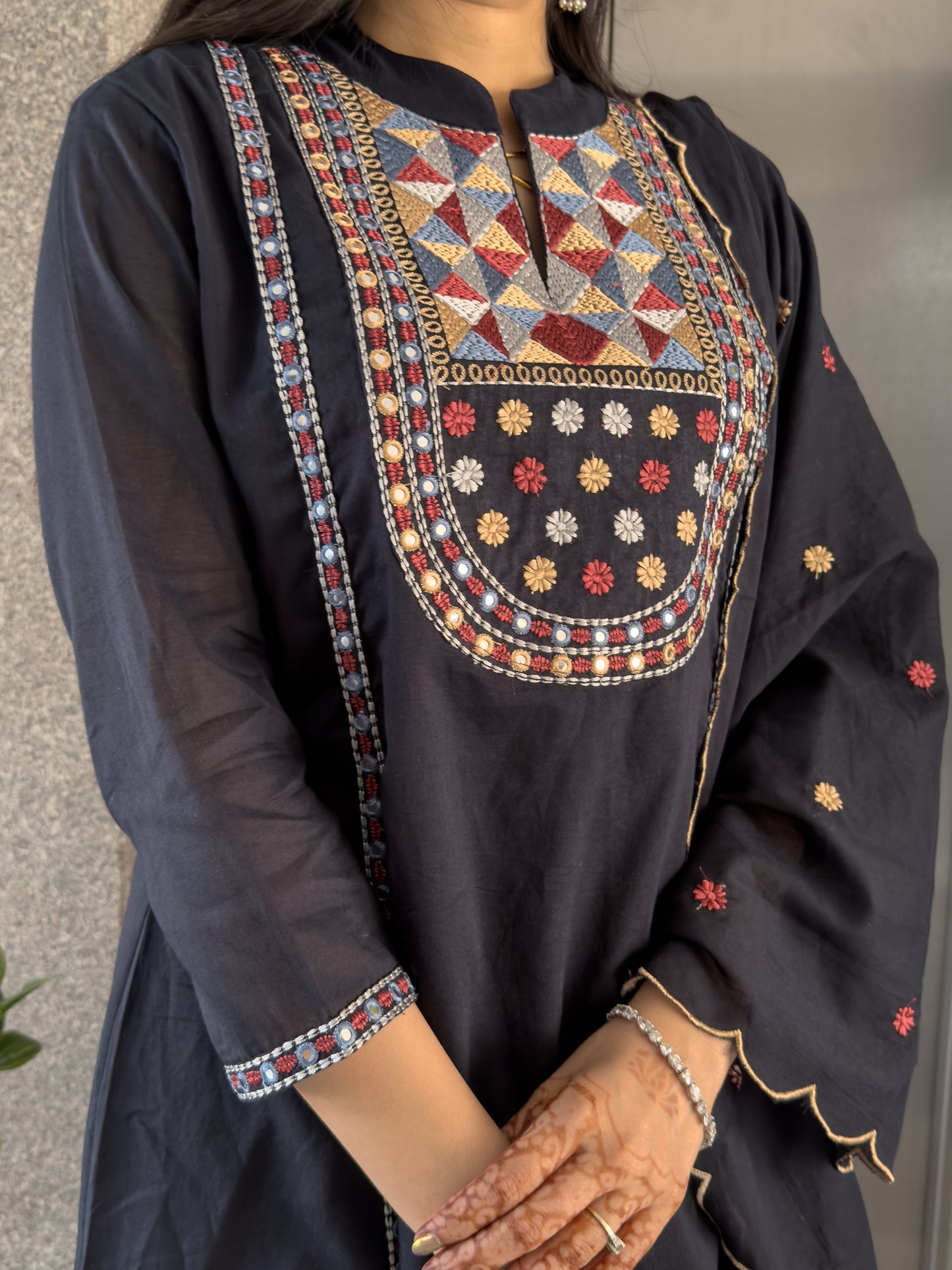 Black A-line Kurta Pant Set with Dupatta